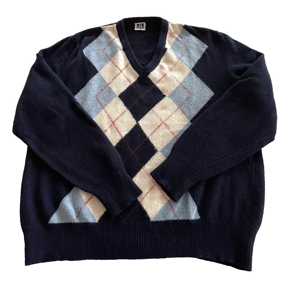 Alcione Argyle V-Neck Sweater Lambswool Nylon Made in Italy Chest 46"
